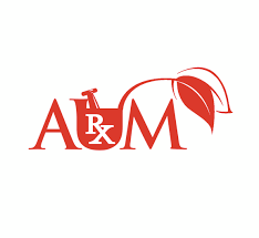 Logo for A&M Pharmacy in red, featuring the letters A&M with an embedded Rx symbol and a leaf motif on the right