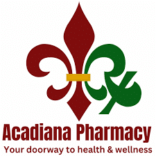 Acadia Pharmacy logo with a red and green fleur-de-lis emblem and the tagline 'Your doorway to health & wellness'.