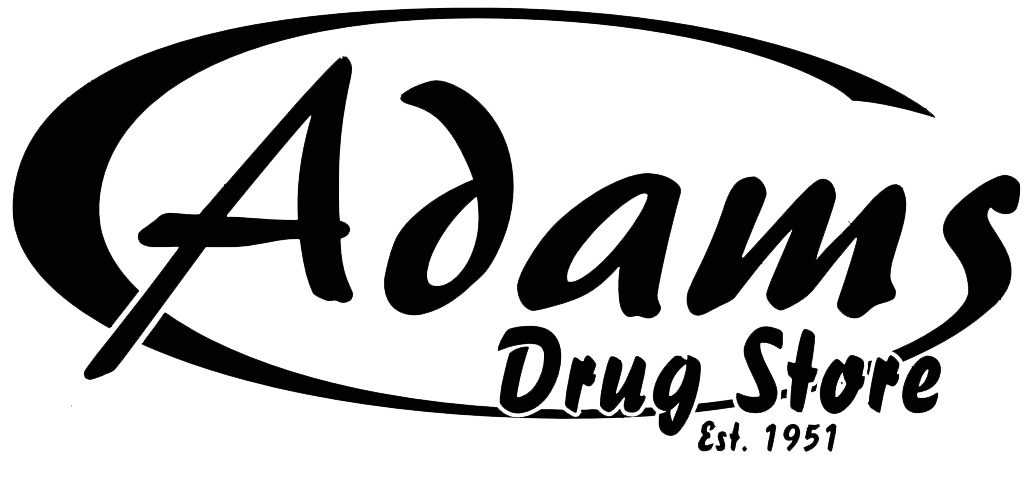 Adams Drug Store logo with cursive 'Adams' and 'Drug Store Est. 1951'.