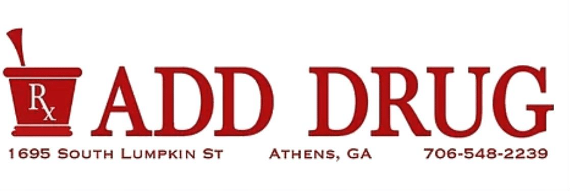 Pharmacy logo showing 'ADD DRUG' with a red mortar-and-pestle icon and address: 1695 South Lumpkin St, Athens, GA; phone 706-548-2239