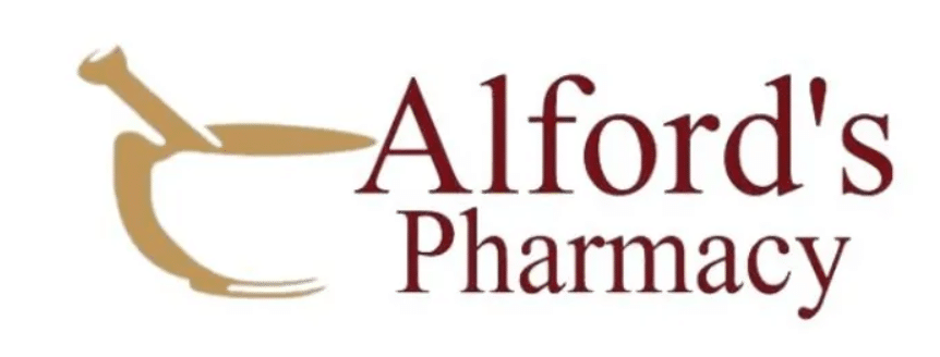 Alford's Pharmacy logo featuring a beige mortar and pestle with burgundy text reading 'Alford's Pharmacy'