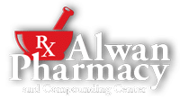 Alwan Pharmacy and Compounding Center logo with a red mortar and pestle icon