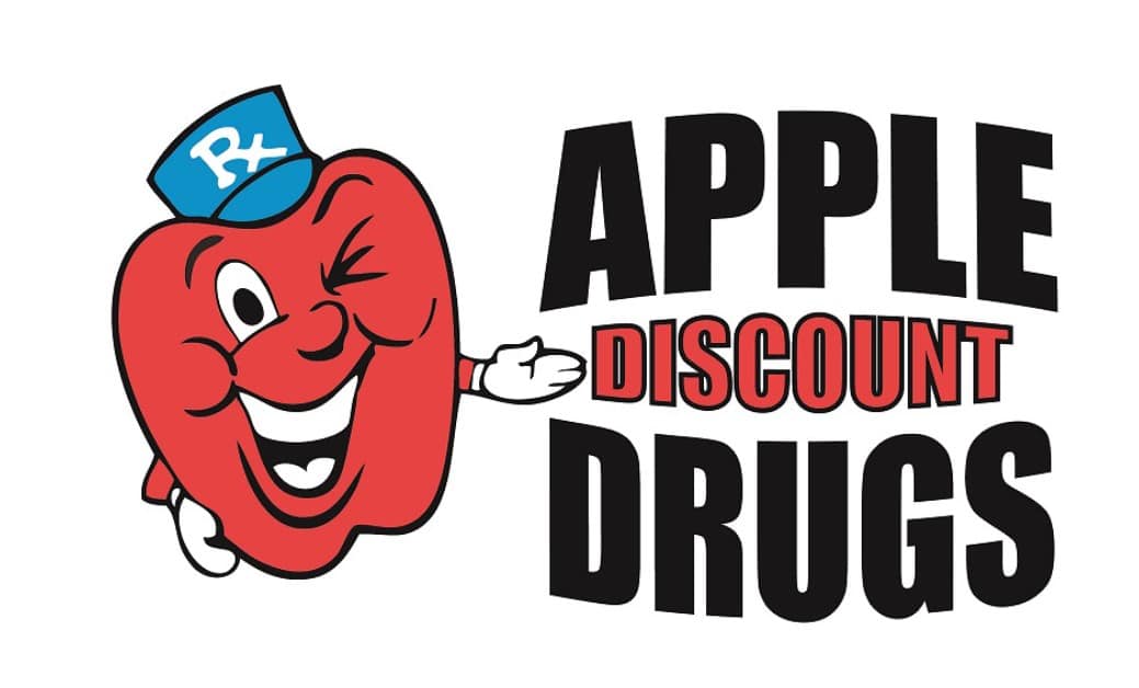 Logo: smiling red cartoon apple wearing a blue pharmacist hat (RX) and winking, next to bold black 'APPLE DISCOUNT DRUGS' with 'DISCOUNT' in red.