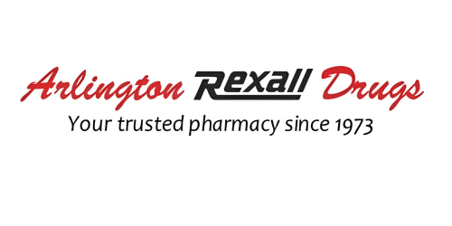 Arlington Rexall Drugs logo in red and black with the slogan 