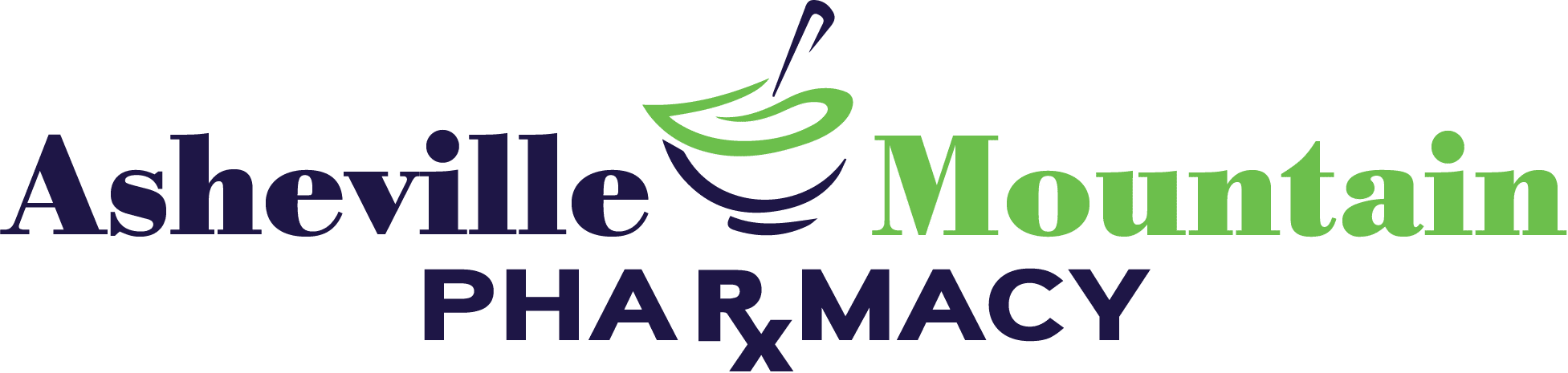 Brand logo for Asheville Mountain Pharmacy featuring dark blue 'Asheville' and 'PHARMACY' with green 'Mountain' text and a green mortar-and-pestle icon between.