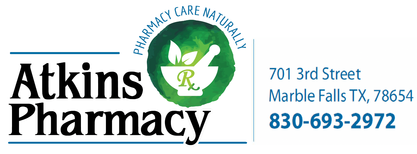 Atkins Pharmacy logo with a green mortar-and-pestle emblem and Rx, plus Marble Falls address and phone number.
