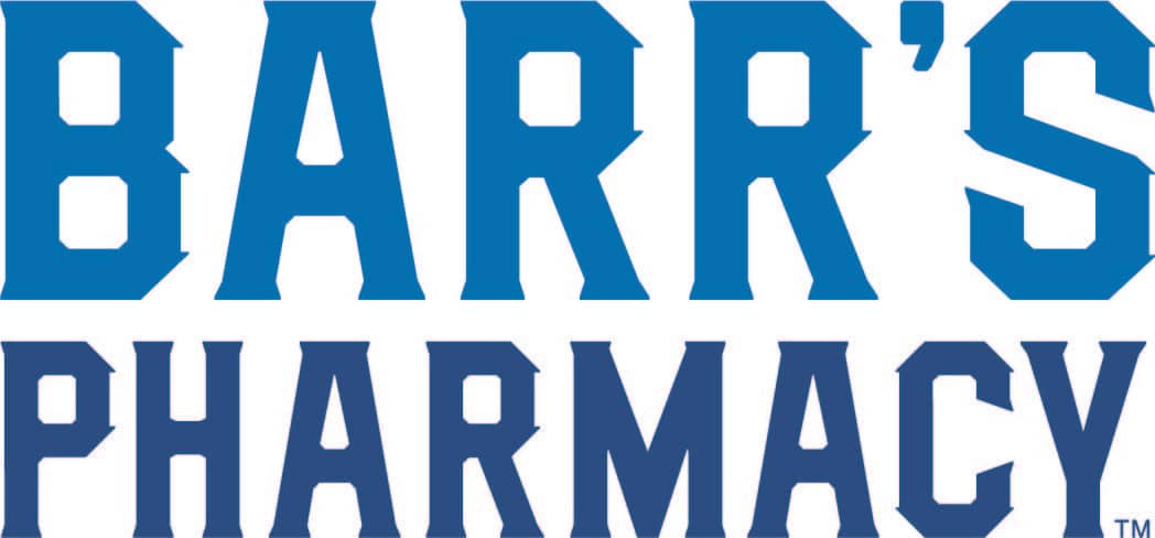 Blue logo reading 'BARR'S PHARMACY' with 'BARR'S' on top and 'PHARMACY' below in bold, all-caps lettering.