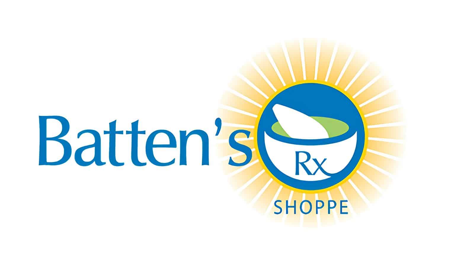 Logo for Batten's Rx Shoppe with a sunburst circle and a blue-and-white medicine cup motif, and the brand name Batten's Rx Shoppe