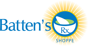 Batten's Shoppe logo with a blue Rx prescription bowl inside a yellow sunburst.