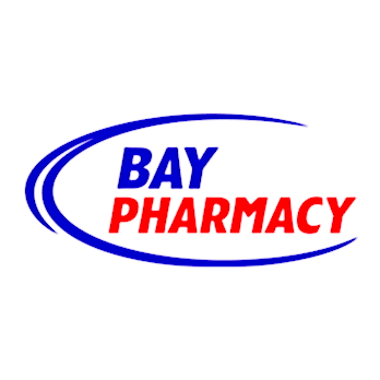 Bay Pharmacy logo with blue curved swoosh surrounding the blue 'BAY' and red 'PHARMACY' text, on a white background.