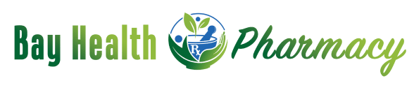 Bay Health Pharmacy logo with green 'Bay Health' text and a blue-green circular emblem featuring a caduceus around a globe.