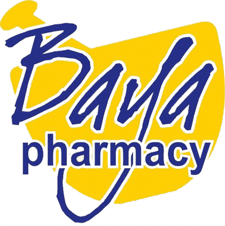 Pharmacy logo with blue cursive text over a yellow shape, the word 'pharmacy' clearly visible.