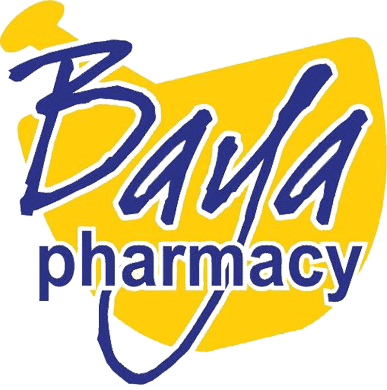 Bayla Pharmacy logo: blue script 'Bayla' over a yellow badge background.