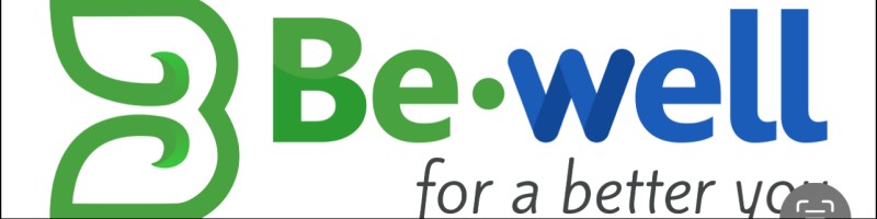 Be-well logo with a green stylized B on the left, green 'Be', blue 'well', and the slogan 'for a better you' underneath