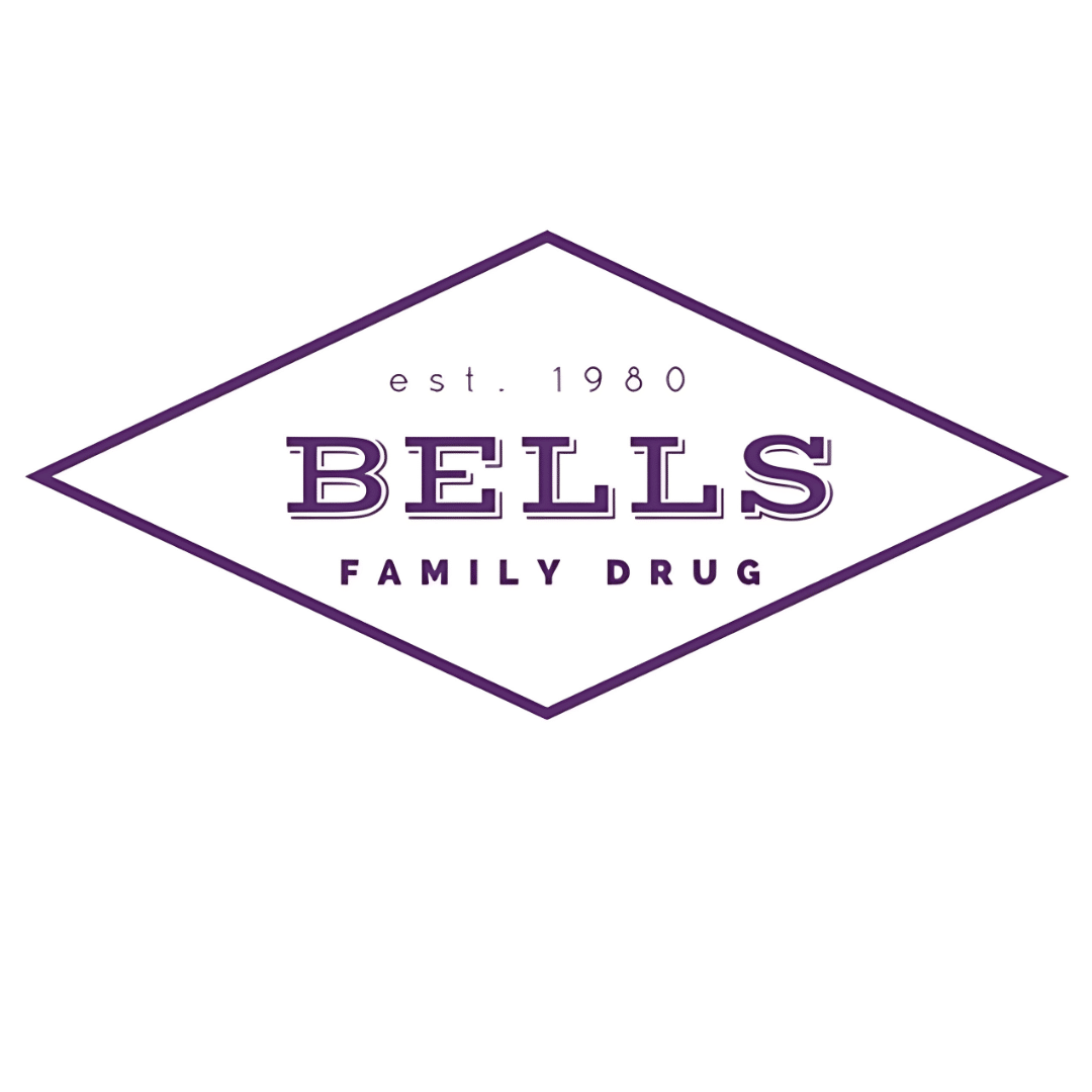 Brand logo for Bells Family Drug inside a purple diamond outline with 'est. 1980' and bold 'BELLS' text, and 'FAMILY DRUG' beneath.