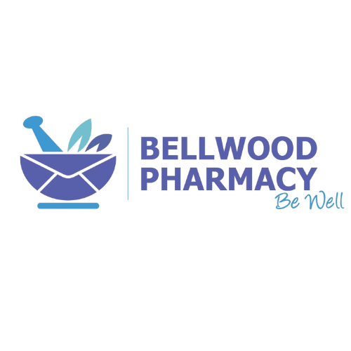 Bellwood Pharmacy logo with a blue mortar and pestle and leaves, and the bold text 'BELLWOOD PHARMACY' with a 'Be Well' script tagline.