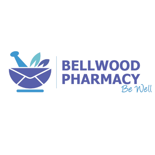 Bellwood Pharmacy logo with a blue mortar and pestle and leaves, plus the text 'BELLWOOD PHARMACY' and the tagline 'Be Well'.