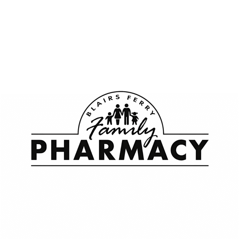 Logo for Family Pharmacy with a curved arc, family silhouettes, and bold 'PHARMACY' text above a ring of text.