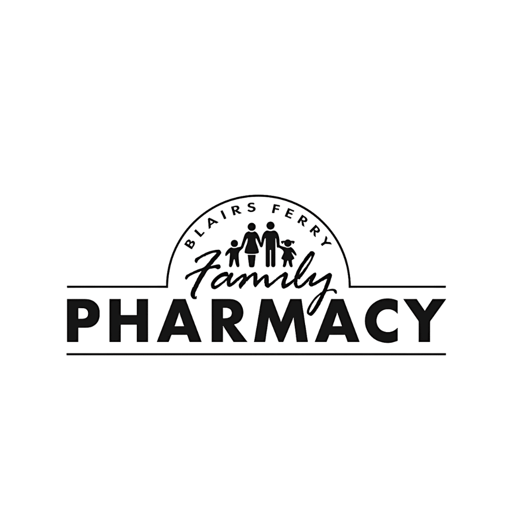 Logo for a pharmacy named 'Family Pharmacy' with a curved arch and silhouettes of a family above the word 'Family', and bold 'PHARMACY' below with horizontal lines on each side.