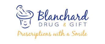 Blanchard Drug & Gift logo with a pharmacist hat icon and the slogan 'Prescriptions with a Smile'.