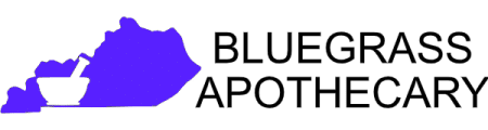 Bluegrass Apothecary logo with a blue Kentucky outline and a white mortar-and-pestle, followed by the bold wordmark 'BLUEGRASS APOTHECARY'