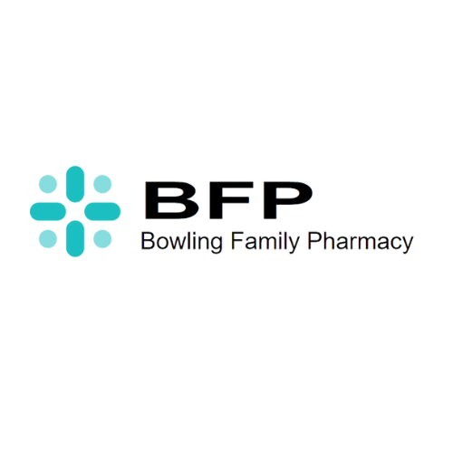 Bowling Family Pharmacy logo: teal cross-like symbol with the letters BFP and the full name next to it.