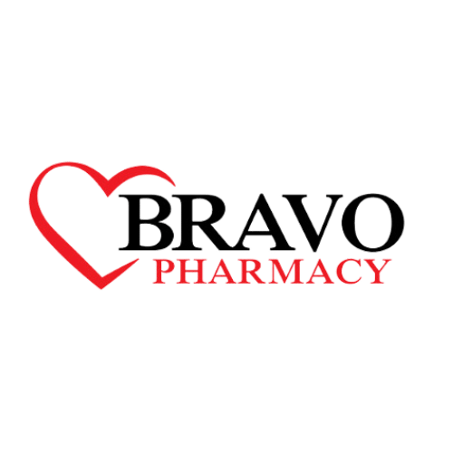 Bravo Pharmacy logo with a red heart outline to the left of the black 'BRAVO' and red 'PHARMACY' text.