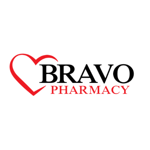 Bravo Pharmacy logo with a red heart outline to the left of the black 'BRAVO' text and red 'PHARMACY' lettering.