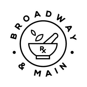 Circular logo featuring a mortar and pestle with leaves and an RX symbol, surrounded by the words Broadway Main, suggesting a pharmacy/apothecary brand