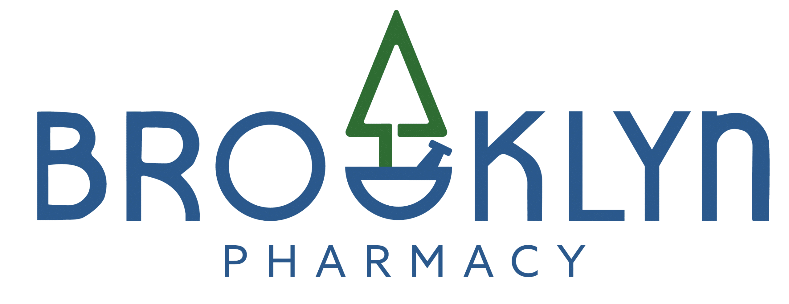 Brooklyn Pharmacy logo featuring blue text with a green tree forming the letter 'O' in Brooklyn and the word 'PHARMACY' below.