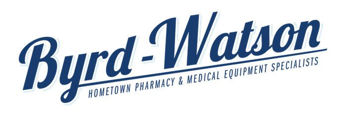 Byrd-Watson logo in blue cursive with the tagline 'Hometown Pharmacy & Medical Equipment Specialists'.