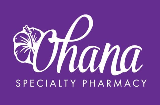 Ohana Specialty Pharmacy logo with a white hibiscus on a purple background.