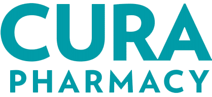 CURA Pharmacy logo in teal with large 'CURA' letters and smaller 'PHARMACY' text underneath.