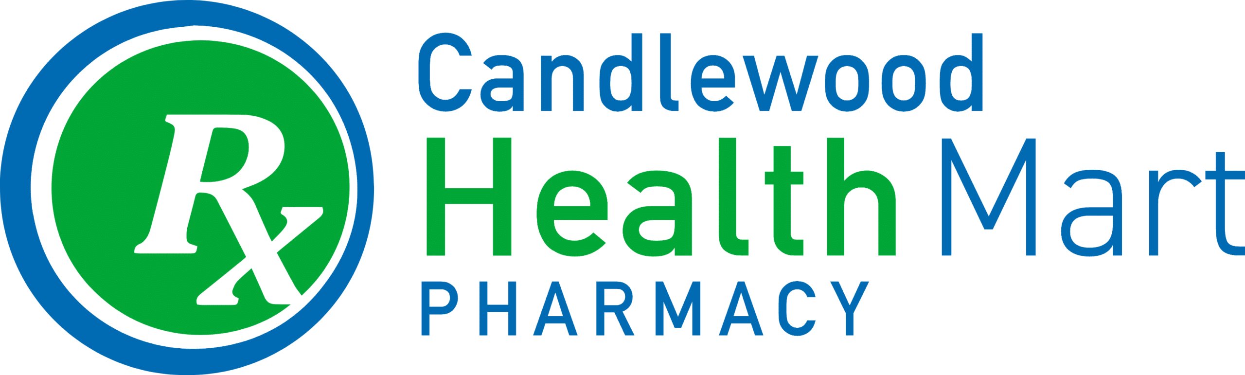 Candlewood HealthMart Pharmacy logo: blue ring around a green circle with a white Rx symbol.