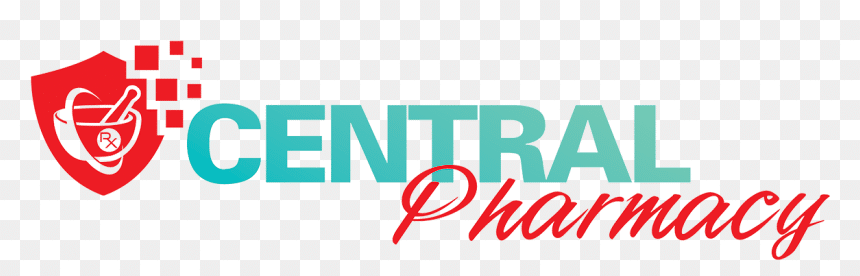 Central Pharmacy logo: red shield with mortar and pestle, teal 'CENTRAL' text, red cursive 'Pharmacy'.