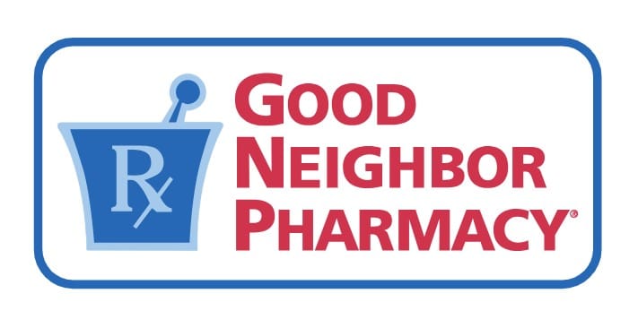 Good Neighbor Pharmacy logo featuring a blue mortar and pestle icon and red text inside a rounded blue border