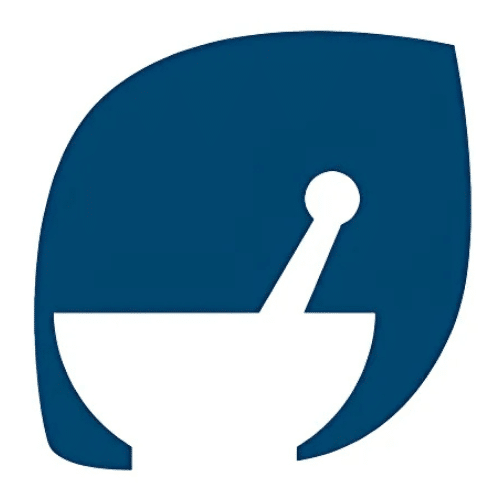 Logo featuring a white bowl and spoon on a dark blue abstract leaf-shaped background.