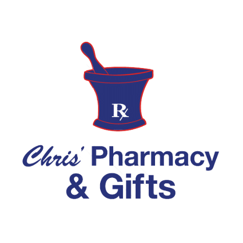 Brand logo reading 'Chris' Pharmacy & Gifts' with a blue mortar and pestle icon outlined in red