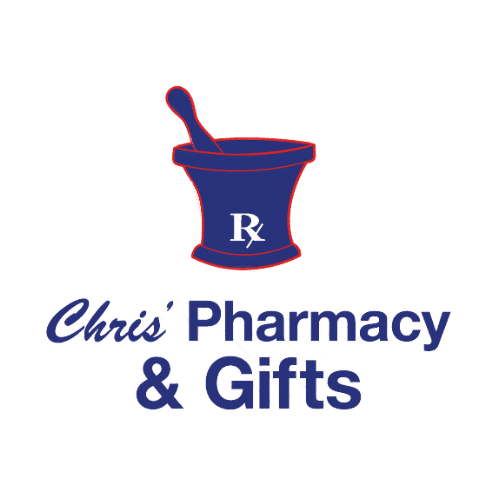 Logo for Chris' Pharmacy & Gifts: blue mortar and pestle with RX, red outline, and the script text 'Chris' Pharmacy & Gifts'