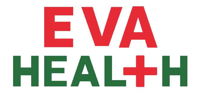 EVA HEALTH logo: 'EVA' in red above, 'HEALTH' in green with a red medical cross between letters.
