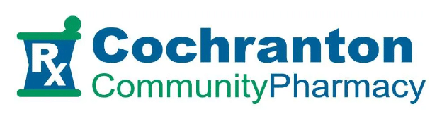 Cochranton Community Pharmacy logo with a green mortar and pestle icon and RX, followed by blue 'Cochranton' and green/blue 'Community Pharmacy' text.
