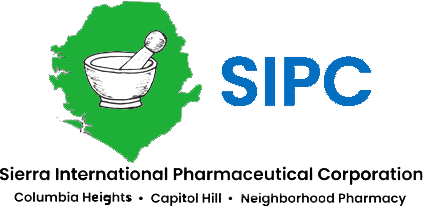Logo for Sierra International Pharmaceutical Corporation (SIPC) featuring a green map outline, a mortar and pestle, and blue 'SIPC' lettering with location names (Columbia Heights, Capitol Hill, Neighborhood Pharmacy).
