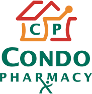 Condo Pharmacy logo with abstract red-orange shapes above green CONDO PHARMACY text and a mortar and pestle symbol.
