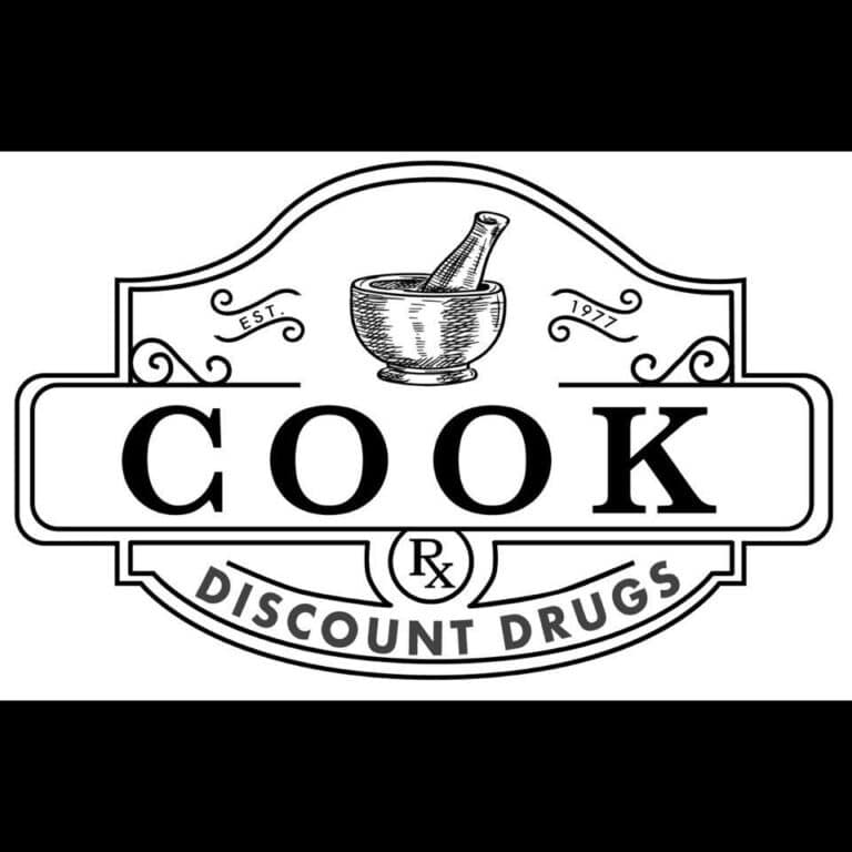 Logo for Cook Discount Drugs featuring a mortar and pestle over the word COOK, with RX emblem and 'EST. 1971' banners.