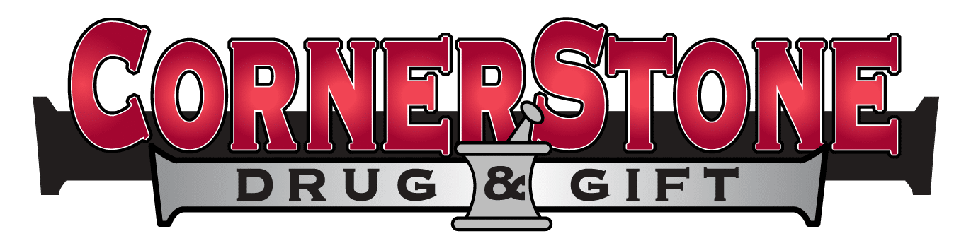 Cornerstone Drug & Gift logo with bold red lettering and a central anvil motif on a gray ribbon.