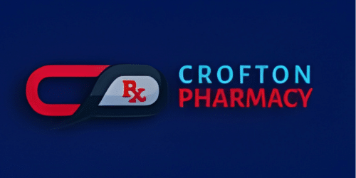 Crofton Pharmacy logo featuring a red capsule with an Rx symbol and blue ‘CROFTON’ plus red ‘PHARMACY’ text on a dark blue background.