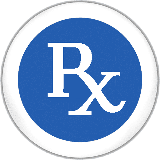 Blue circular icon with white 'Rx' prescription symbol, representing pharmacy
