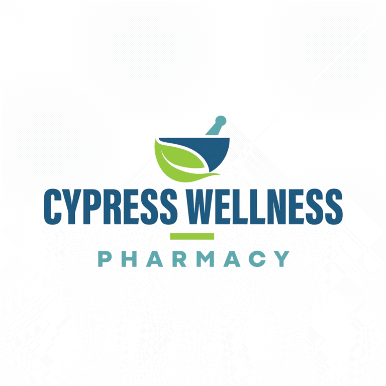 Cypress Wellness Pharmacy logo with a mortar and pestle and green leaf, bold blue CYRESS WELLNESS text, teal PHARMACY text beneath.