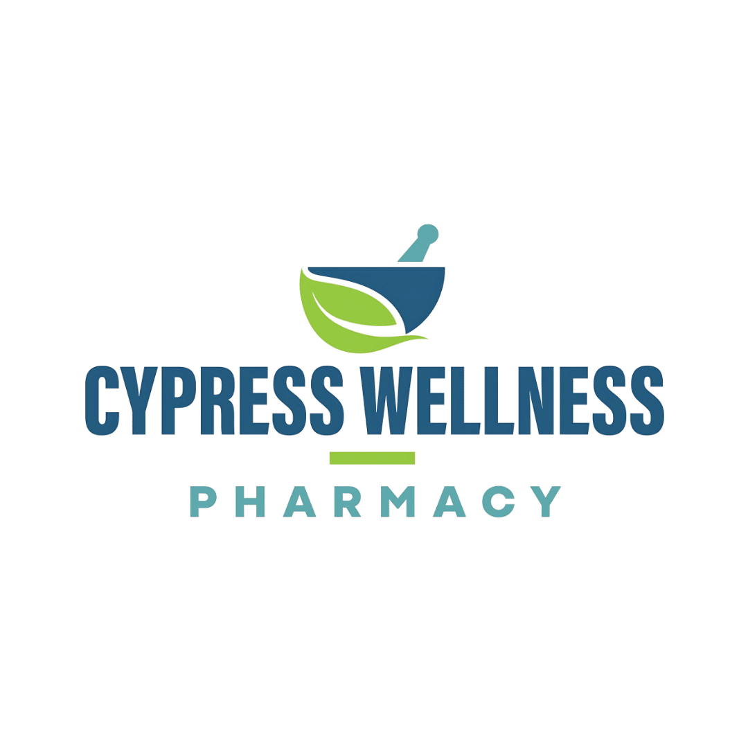 Cypress Wellness Pharmacy logo featuring a blue mortar and pestle with green leaves above the wordmark, and 'PHARMACY' beneath.