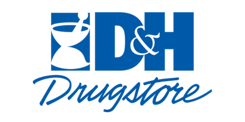DH Drugstore logo in blue with a mortar-and-pestle symbol to the left.